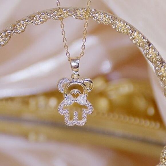 14k Gold Womens Zircon Bear Charm Necklace - Picture 4 of 8